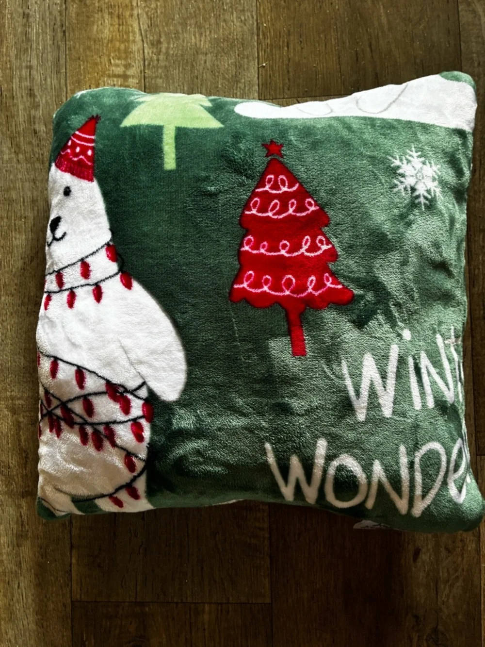 Holiday Polar Bear Plush Throw Pillow - Green and Red